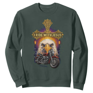 Christian Biker I Ride With Jesus Sweatshirt Religious Faith Motorcycle Rider Eagle TS11 Dark Forest Green Print Your Wear