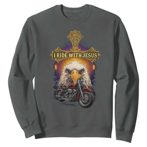 Christian Biker I Ride With Jesus Sweatshirt Religious Faith Motorcycle Rider Eagle TS11 Dark Heather Print Your Wear