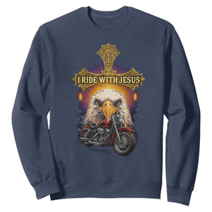 Christian Biker I Ride With Jesus Sweatshirt Religious Faith Motorcycle Rider Eagle TS11 Navy Print Your Wear