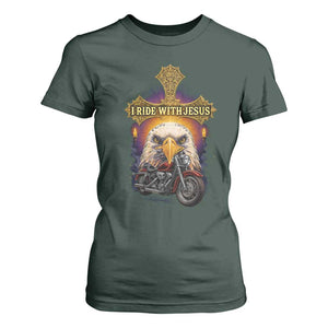 Christian Biker I Ride With Jesus T Shirt For Women Religious Faith Motorcycle Rider Eagle TS11 Dark Forest Green Print Your Wear