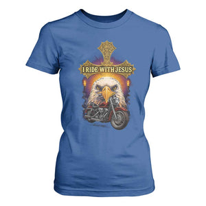 Christian Biker I Ride With Jesus T Shirt For Women Religious Faith Motorcycle Rider Eagle TS11 Royal Blue Print Your Wear