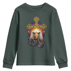 Christian Biker I Ride With Jesus Youth Sweatshirt Religious Faith Motorcycle Rider Eagle TS11 Dark Forest Green Print Your Wear