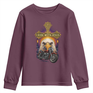 Christian Biker I Ride With Jesus Youth Sweatshirt Religious Faith Motorcycle Rider Eagle TS11 Maroon Print Your Wear