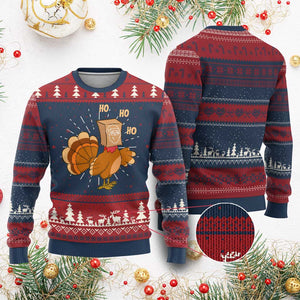 Funny Thanksgiving Xmas Triple Ho Santa Turkey Ugly Christmas Sweater TS11 Burgundy Print Your Wear