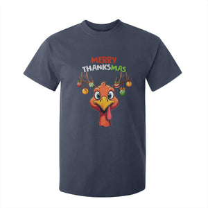 Funny Christmas Thanksgiving T Shirt For Kid Merry Thanksmas Turkey Reindeer Antler Baubles TS11 Navy Print Your Wear