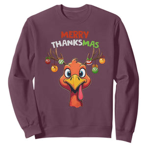 Funny Christmas Thanksgiving Sweatshirt Merry Thanksmas Turkey Reindeer Antler Baubles TS11 Maroon Print Your Wear
