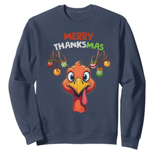 Funny Christmas Thanksgiving Sweatshirt Merry Thanksmas Turkey Reindeer Antler Baubles TS11 Navy Print Your Wear