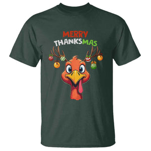 Funny Christmas Thanksgiving T Shirt Merry Thanksmas Turkey Reindeer Antler Baubles TS11 Dark Forest Green Print Your Wear