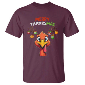 Funny Christmas Thanksgiving T Shirt Merry Thanksmas Turkey Reindeer Antler Baubles TS11 Maroon Print Your Wear