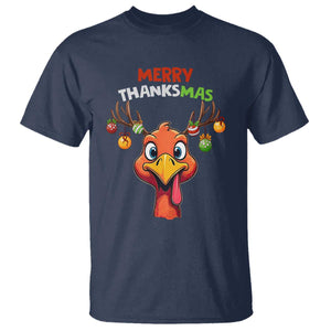 Funny Christmas Thanksgiving T Shirt Merry Thanksmas Turkey Reindeer Antler Baubles TS11 Navy Print Your Wear