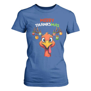 Funny Christmas Thanksgiving T Shirt For Women Merry Thanksmas Turkey Reindeer Antler Baubles TS11 Royal Blue Print Your Wear