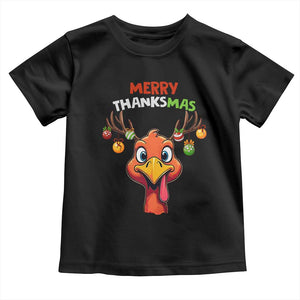 Funny Christmas Thanksgiving Toddler T Shirt Merry Thanksmas Turkey Reindeer Antler Baubles TS11 Black Print Your Wear
