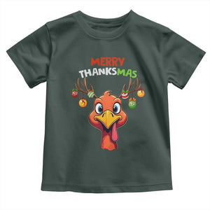 Funny Christmas Thanksgiving Toddler T Shirt Merry Thanksmas Turkey Reindeer Antler Baubles TS11 Dark Forest Green Print Your Wear