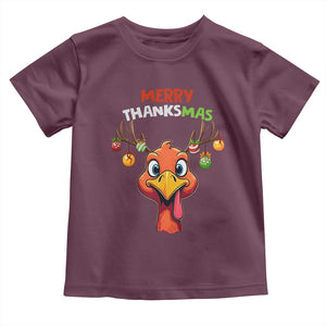 Funny Christmas Thanksgiving Toddler T Shirt Merry Thanksmas Turkey Reindeer Antler Baubles TS11 Maroon Print Your Wear