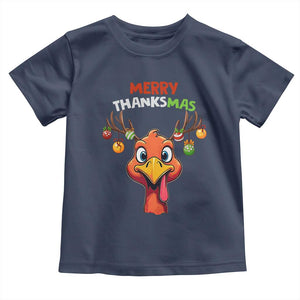 Funny Christmas Thanksgiving Toddler T Shirt Merry Thanksmas Turkey Reindeer Antler Baubles TS11 Navy Print Your Wear