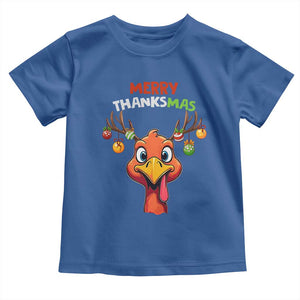 Funny Christmas Thanksgiving Toddler T Shirt Merry Thanksmas Turkey Reindeer Antler Baubles TS11 Royal Blue Print Your Wear