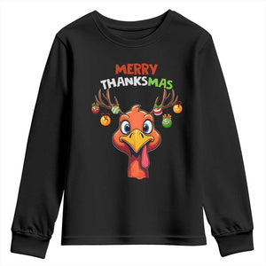 Funny Christmas Thanksgiving Youth Sweatshirt Merry Thanksmas Turkey Reindeer Antler Baubles TS11 Black Print Your Wear
