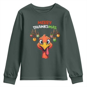 Funny Christmas Thanksgiving Youth Sweatshirt Merry Thanksmas Turkey Reindeer Antler Baubles TS11 Dark Forest Green Print Your Wear