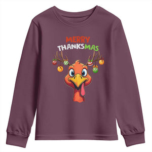 Funny Christmas Thanksgiving Youth Sweatshirt Merry Thanksmas Turkey Reindeer Antler Baubles TS11 Maroon Print Your Wear