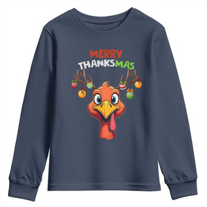 Funny Christmas Thanksgiving Youth Sweatshirt Merry Thanksmas Turkey Reindeer Antler Baubles TS11 Navy Print Your Wear