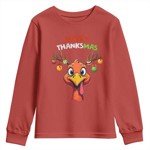 Funny Christmas Thanksgiving Youth Sweatshirt Merry Thanksmas Turkey Reindeer Antler Baubles TS11 Red Print Your Wear