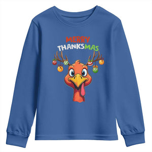 Funny Christmas Thanksgiving Youth Sweatshirt Merry Thanksmas Turkey Reindeer Antler Baubles TS11 Royal Blue Print Your Wear