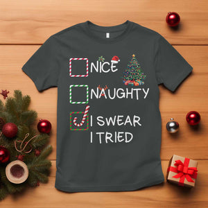 Funny Nice Naughty I Swear I Tried T Shirt Christmas Tree Candy Cane TS11 Dark Heather Print Your Wear