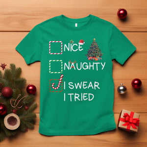 Funny Nice Naughty I Swear I Tried T Shirt Christmas Tree Candy Cane TS11 Irish Green Print Your Wear