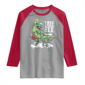 Funny Christmas T-Rex Raglan Shirt Tree Rex Dinosaur Xmas Tree TS11 Sport Gray Red Print Your Wear