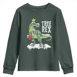 Funny Christmas T-Rex Youth Sweatshirt Tree Rex Dinosaur Xmas Tree TS11 Dark Forest Green Print Your Wear