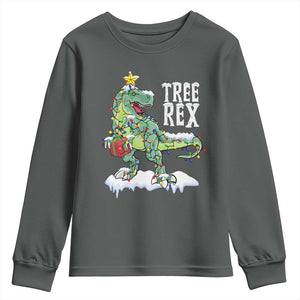 Funny Christmas T-Rex Youth Sweatshirt Tree Rex Dinosaur Xmas Tree TS11 Dark Heather Print Your Wear