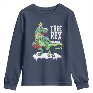 Funny Christmas T-Rex Youth Sweatshirt Tree Rex Dinosaur Xmas Tree TS11 Navy Print Your Wear