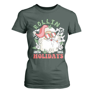 Funny Weed Christmas T Shirt For Women Rollin Into The Holidays Santa Xmas TS11 Dark Forest Green Print Your Wear