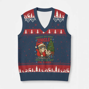 Funny Xmas Grumpy Cat V-Neck Knit Sweater Vest Probably Just Gonna Jingle Some Of The Way I Am Tired TS11 Navy Red Print Your Wear