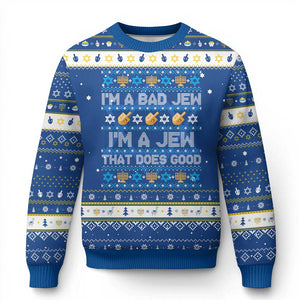 Funny Jewish Chanukah Hanukkah Ugly Sweater I Am A Bad Jew I Am A Jew That Does Good TS11 Blue White Print Your Wear