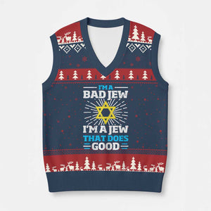 Funny Jewish V-Neck Knit Sweater Vest I Am A Bad Jew I Am A Jew That Does Good TS11 Navy Red Print Your Wear