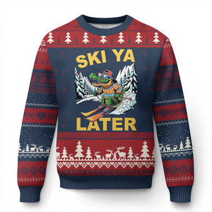 Funny Skiing Alligator Ugly Christmas Sweater Ski Ya Later Skier Snow Mountain Winter Sport TS11 Navy Red Print Your Wear