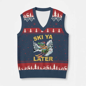 Funny Skiing Alligator V-Neck Knit Sweater Vest Ski Ya Later Skier Snow Mountain Winter Sport TS11 Navy Red Print Your Wear