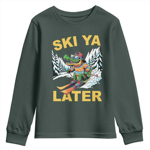 Funny Skiing Alligator Youth Sweatshirt Ski Ya Later Skier Snow Mountain Winter Sport TS11 Dark Forest Green Print Your Wear