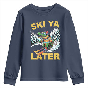 Funny Skiing Alligator Youth Sweatshirt Ski Ya Later Skier Snow Mountain Winter Sport TS11 Navy Print Your Wear