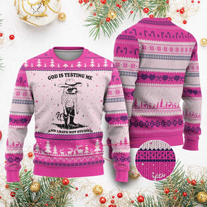 Funny God Is Testing Me And I Have Not Studied Ugly Christmas Sweater Cowboy Racoon TS11 Hot Pink Print Your Wear