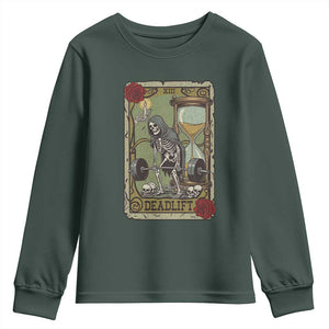 Funny Tarot Card Deadlifts Gym Workout Skeleton Youth Sweatshirt TS11 Dark Forest Green Print Your Wear