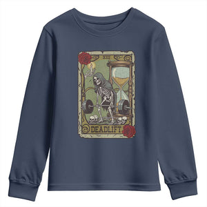 Funny Tarot Card Deadlifts Gym Workout Skeleton Youth Sweatshirt TS11 Navy Print Your Wear