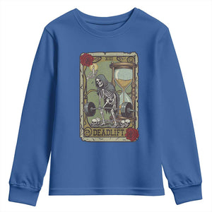 Funny Tarot Card Deadlifts Gym Workout Skeleton Youth Sweatshirt TS11 Royal Blue Print Your Wear
