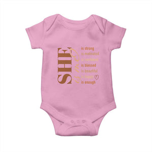 Woman Affirmation Baby Onesie She Is Strong Motivated Confident Blessed Beautiful Melanin TS11 Light Pink Print Your Wear