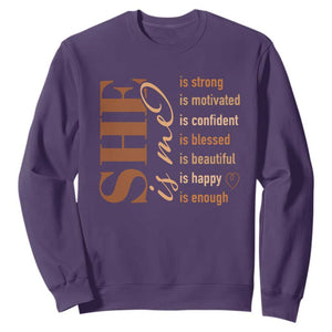 Woman Affirmation Sweatshirt She Is Strong Motivated Confident Blessed Beautiful Melanin TS11 Purple Print Your Wear