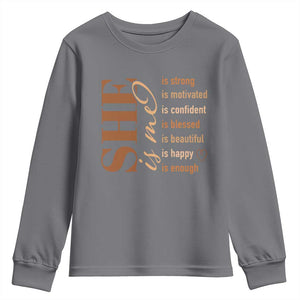 Woman Affirmation Youth Sweatshirt She Is Strong Motivated Confident Blessed Beautiful Melanin TS11 Charcoal Print Your Wear