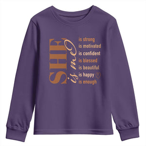 Woman Affirmation Youth Sweatshirt She Is Strong Motivated Confident Blessed Beautiful Melanin TS11 Purple Print Your Wear