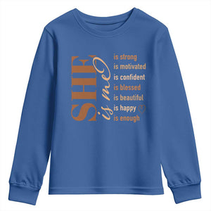 Woman Affirmation Youth Sweatshirt She Is Strong Motivated Confident Blessed Beautiful Melanin TS11 Royal Blue Print Your Wear