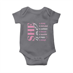 Woman Affirmation Baby Onesie She Is Strong Motivated Confident Blessed Beautiful TS11 Charcoal Print Your Wear